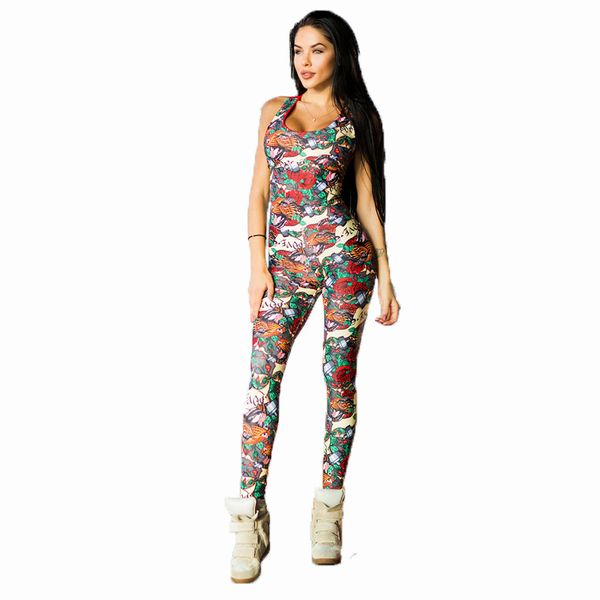 

peneran women yoga jumpsuits sport suit kit sleeveless backless female gym clothes flower print running fitness workout set, White;red