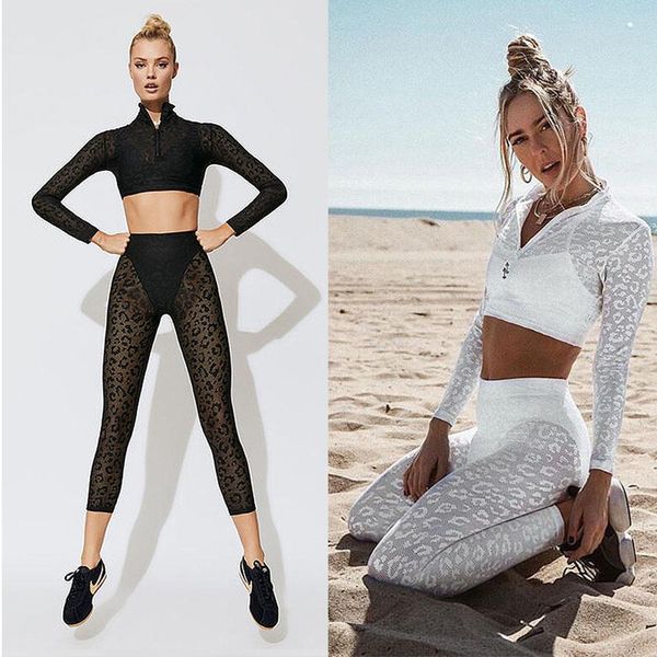 

2pcs women's yoga wear set high waist gym fitness clothing leopard print lace running sportswear, White;red