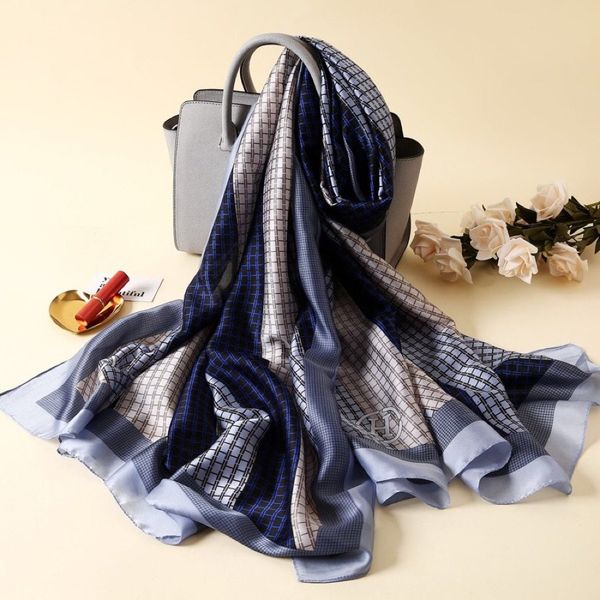 

180 * 90cm silk scarf 4 season scarf ladies shawl long neck h design scarf 2 colors ing, Blue;gray