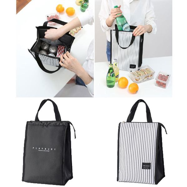 

black thermal lunch bag portable cooler insulated picnic bento tote travel fruit drink fresh organizer large capacity, Blue;pink