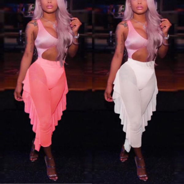 

new womens mesh sheer bikini cover up ruffle bottom clubwear high waist pant trousers see through bikini cover up, Blue;gray