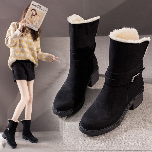 

winter short plush keep warm booties women fashion round toe buckle harness boots ladies shoes woman square heel snow boots 2019, Black