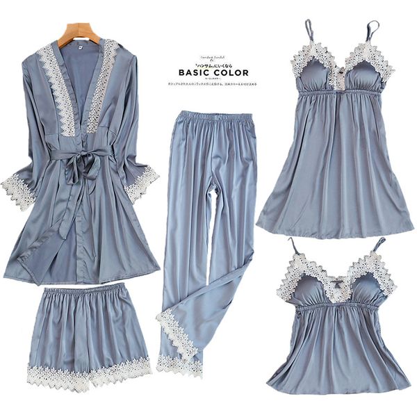 

gray womens 5pc strap pants suit pajamas sleepwear sets spring autumn home wear nightwear kimono robe bath gown -xl, Black;red