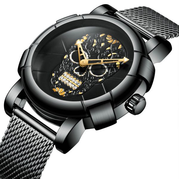 

fashion creative skull watches biden men quartz clock waterproof stainless steel strap hip hop iced out wrist watch, Slivery;brown