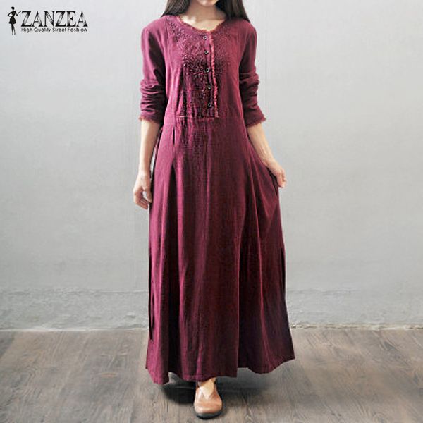 

zanzea осень платье 2016 пуговицы женщины maxi длинное платье с длинным рукавом вышивка повседневный сыпучие vintage vestidos plus size, White;black