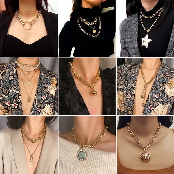 

european and american cross-border fashion necklace personalized creative exaggerated multi-element necklace vintage multi-layer pearl clavi, Silver