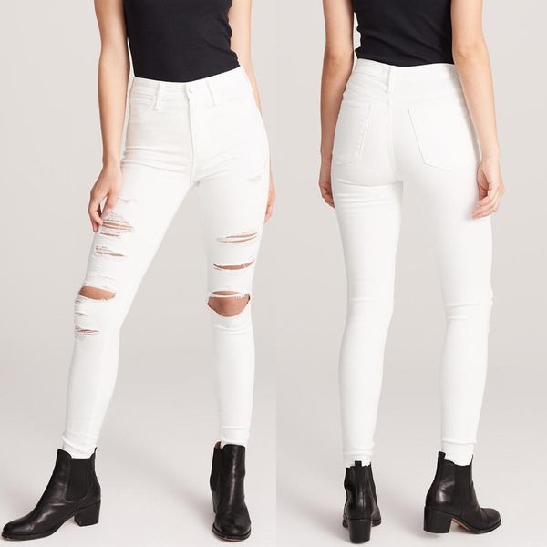 

mom jeans fashion casual women skinny slim white ripped jeans mid waist stretch pencil pants mujer s10, Blue
