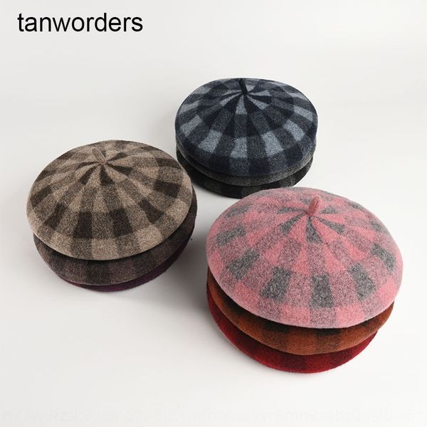 

female wool painter beret plaid beret pumpkin hat british soft girl painter hat, Blue;gray