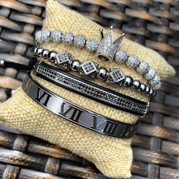 

bracelet men and women promise bracelet 4pcs/set crown macrame bracelets stainless steel beads couple jewelry for gift, Golden;silver