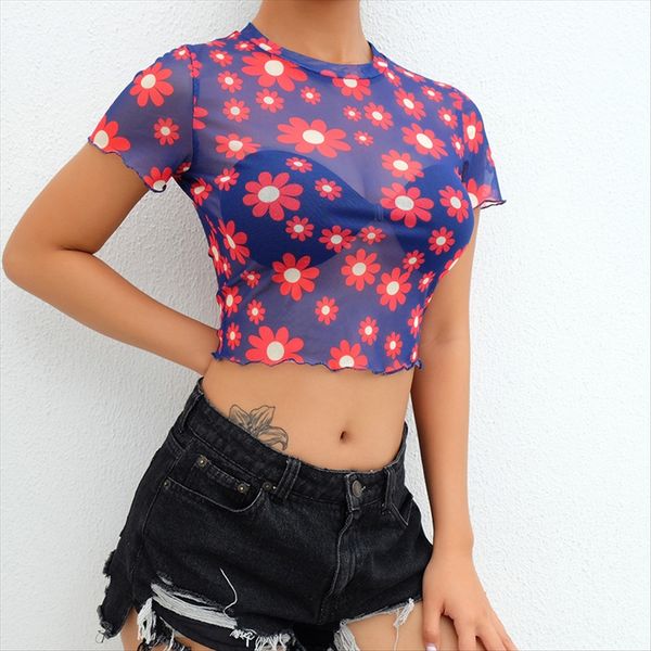 

2020ins chinese style plate buckle small zouju printed perspective blouse mesh cloth mesh cloth t-shirt women's wear, White