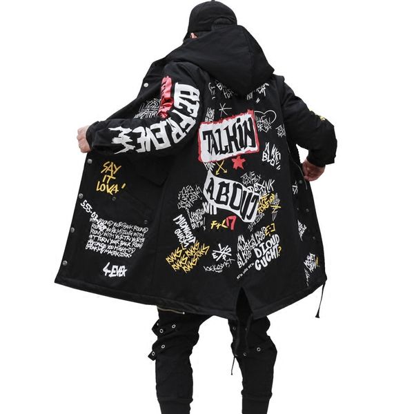 

2019 hip hop long padded thick outerwear winter men's new parkas jacket graffiti print hooded cotton wadded coats high street, Tan;black