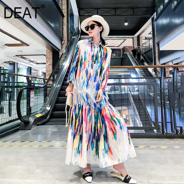 

deat]женщины печатный хит цвет плиссированные рубашки платье новый лацкан шеи три четверти рукав свободный покрой мода весна осень 2020 13p, Black;gray