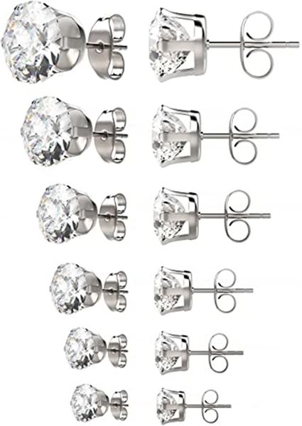 

womens stainless steel stud earrings set hypoallergenic pierced cubic zirconia 18k white gold pated 6 pairs 3-8mm, Golden;silver