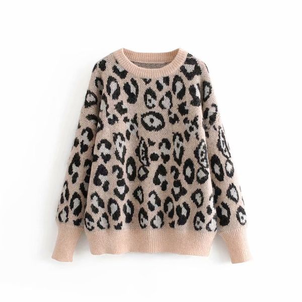 

women casual leopard pattern sweater 2020 vintage oversized jumper pullover winter o neck warm female knitwear pull femme, White;black