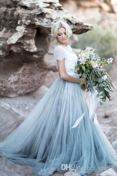 

сказочный пляж boho lace линии свадебных платьев мягкого тюль рукав cap backless light blue юбка плюс размер дешевых свадебные платья h059, White