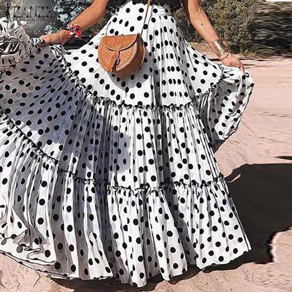 

zanzea women polka dots skirt casual maxi long skirts 2020 summer fashion jupe femme casual loose big swing skirts plus size 5xl, Black