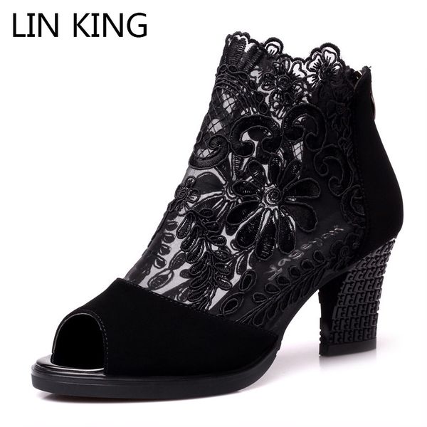 

lin king sweet lace floral women mary janes pumps zipper peep toe platform shoes high heel sandals cosplay party shoes plus size, Black