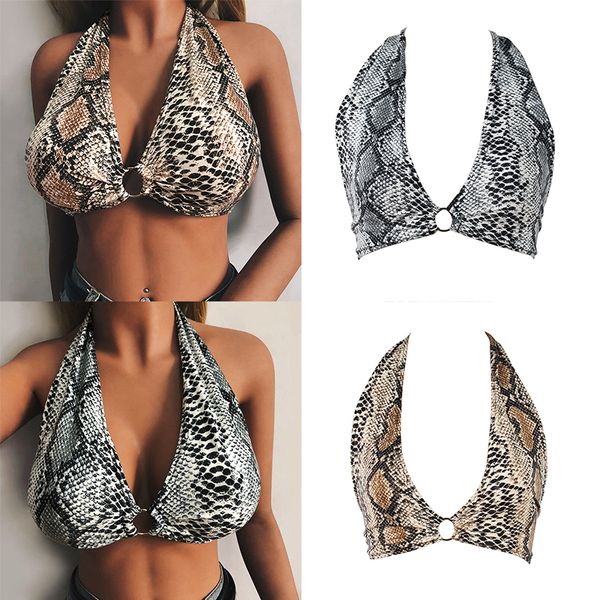 

women snake skin print bra plunging v neck halter bralette lingerie crop underwear grey/khaki erotic intimates bra, Red;black