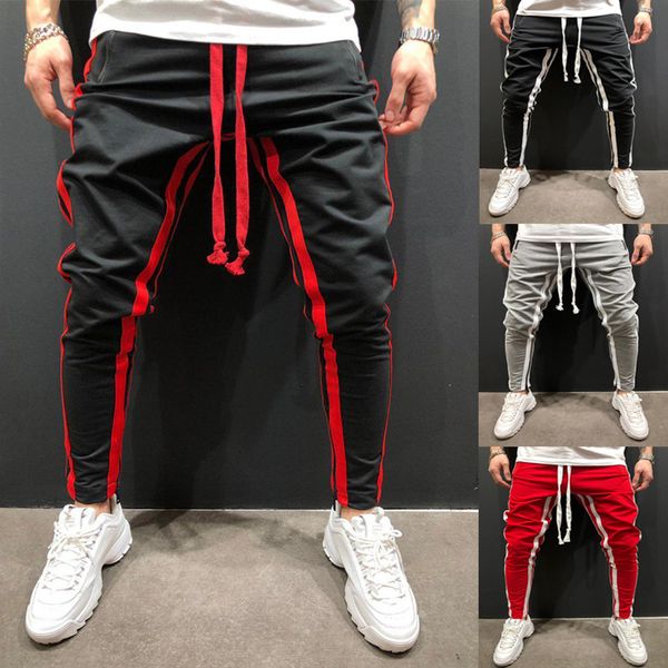 

man pants 2019 brand new mens skinny slim fit bottom stripe casual high pants with pockets workout hip hop track trousers, Black
