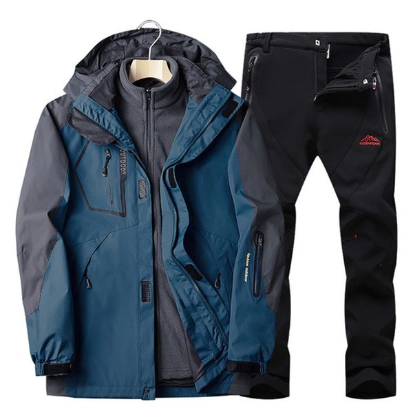 

ski suit men 3-in-1 winter outdoor hiking jacket & hiking pants fleece liner thermal tracksuit windproof mountaineering wear, Blue;black