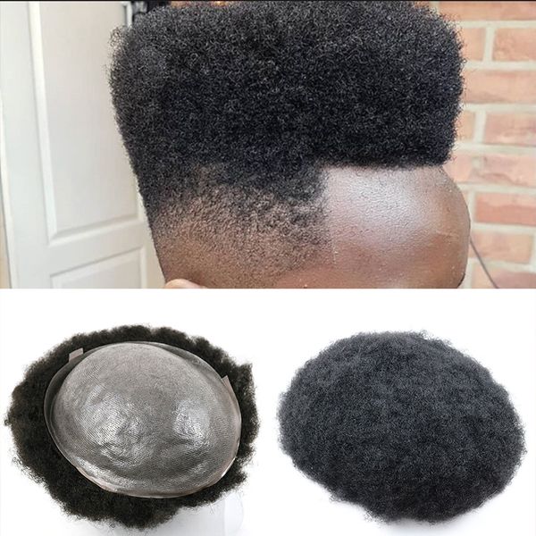 Afro Kinky Kıvırcık İnsan Saç Peruk Erkekler için # 1 Jet Siyah Brezilyalı Bakire Saç Tam El Yapımı 8x10