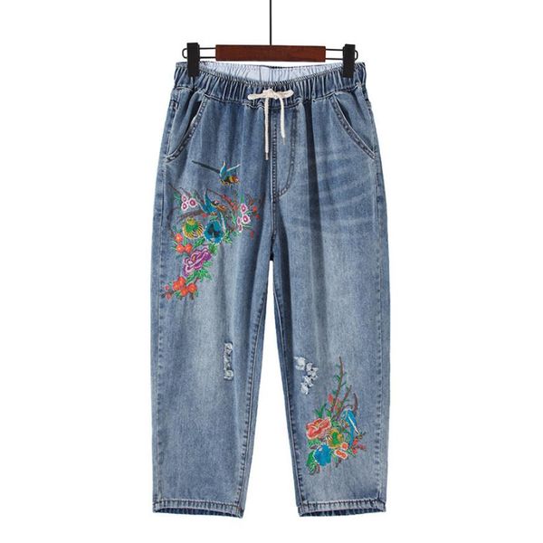 

wholesale can fit 100kg xl-6xl plus size cotton jeans female great quality 100% cotton was thin embroidery pencil jeans wq1771, Blue