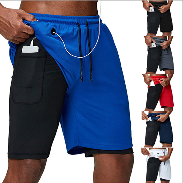 

new shorts men's 2020 summer multi-pocket invisible running shorts men's fashion headphone hole 2 in 1 sports quick-drying short, White;black