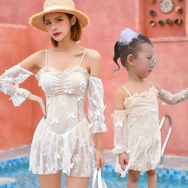 

20 parent-child one-piece lace lace swimsuit stitching stereo butterfly apricot fairy necessary parent-child swimsuit, White;black