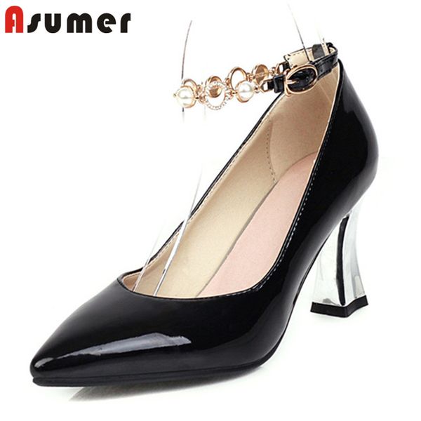 

asumer 2020 new arrive women pumps pointed toe buckle pearl spring summer single shoes fashion party wedding dress shoes woman, Black