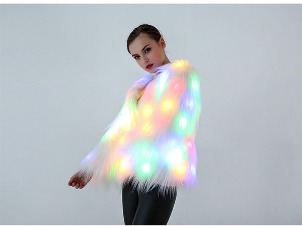 

club womens faux fur coat led flash light colorful dj jacket warm outwear performance coats s137, Black