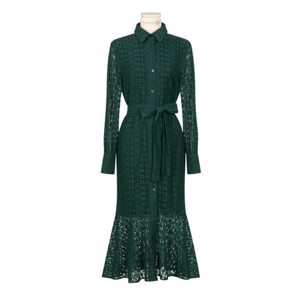

vintage hollow out lace long dress women turn down collar single breasted mermaid female dress spring vestidos, Black;gray