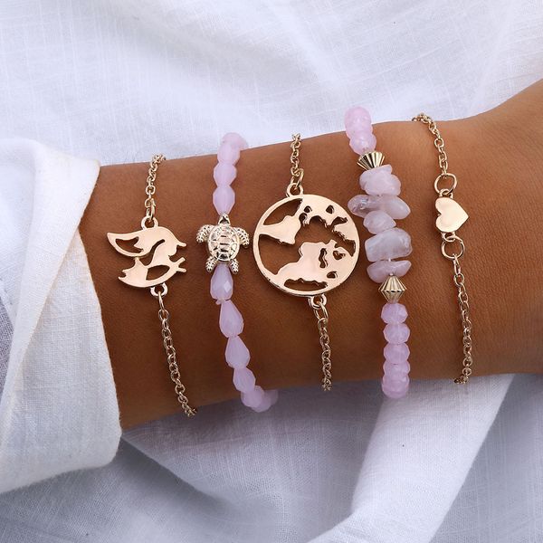 

famshin bohemian ocean map heart turtle charm bracelets bangles for women pink stone bracelets sets jewelry gifts 2019 new, Golden;silver