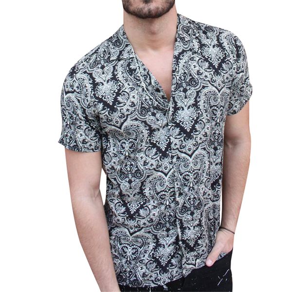 

man's new style fashion casual short sleeve shirt with totem pattern and printed pattern new dropshipping n15, White;black