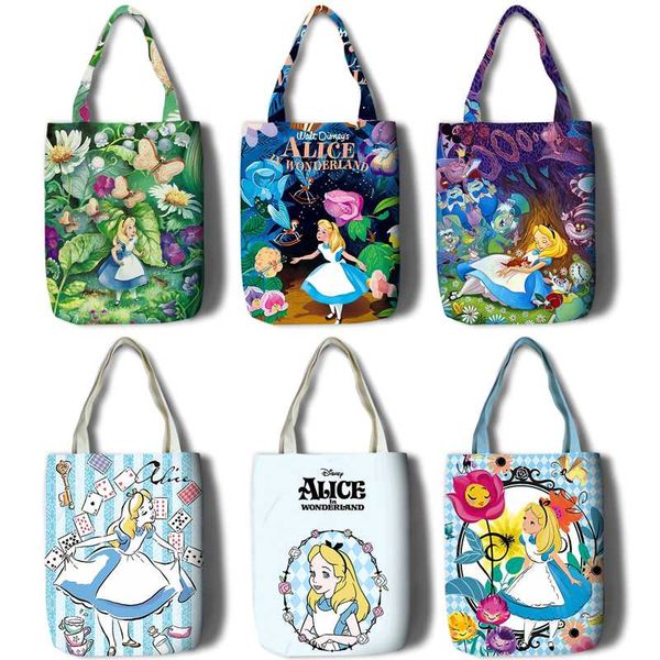 

alice in wonderland women shopping bag cartoon female canvas shoulder bag handbag reusable foldable eco grocery totes bags