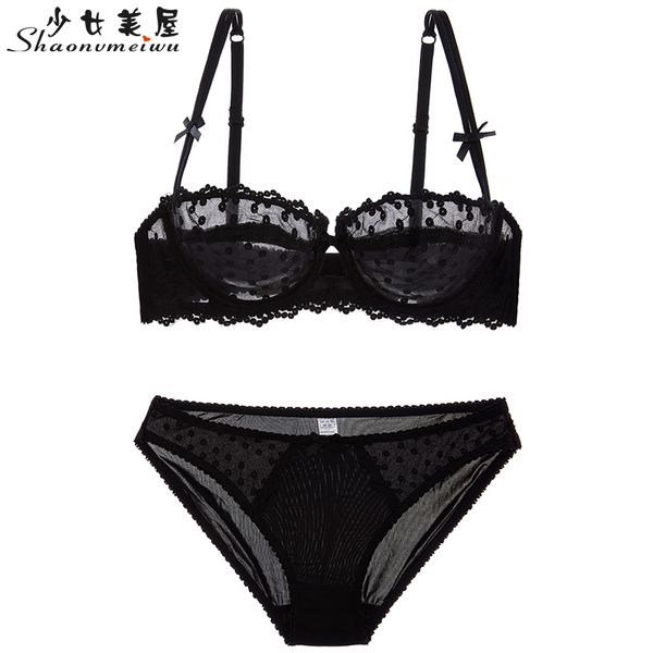 

shaonvmeiwu тонкий белье бюстгальтер набор точка точка половина чашки прозрачный искушению марля вышивка сексуальный большой размер бюстгаль, Red;black