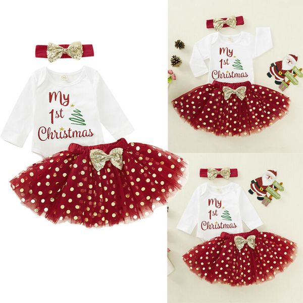 

letter printed newborn infant baby girls my 1st christmas rompers jumpsuit and tutu skirt clothes outfit, White