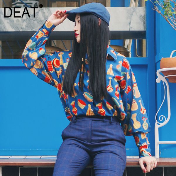 

deat] women printed mixed color blouse new lapel long puff sleeve loose fit shirt fashion tide spring autumn 2020 13p654, White