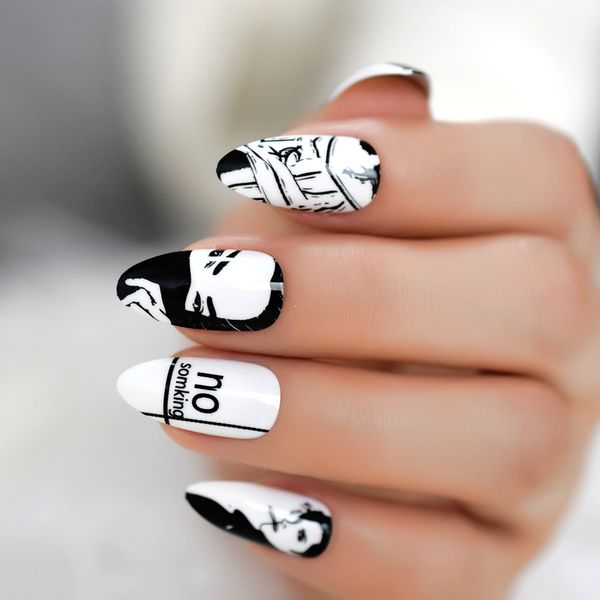 

classic black white drawing stiletto false nails designs medium long fake nail manicure artificial nails tips glue sticker, Red;gold