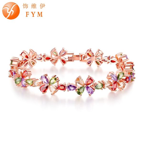 

fym luxury rose gold color chain bracelet for women ladies shiny crystal cz cute flower beautiful chain bracelet, Golden;silver