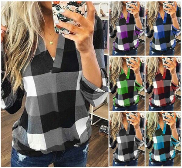 

new women v-neck check lattice plaid shirt long sleeve lady casual loose blouse plus size s-3xl, White