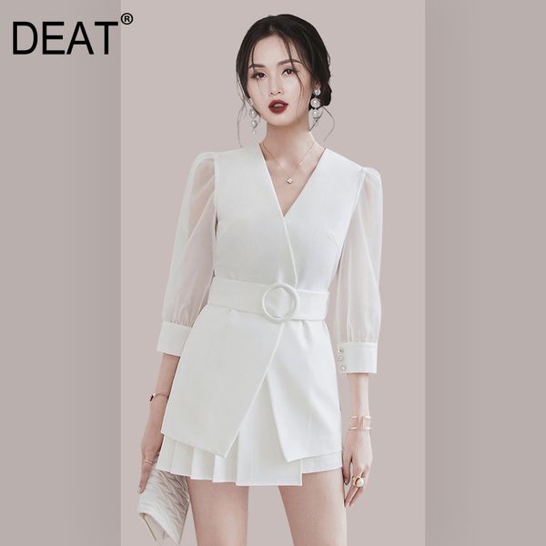 

deat] 2020 dress women's mesh thin mid sleeve sashes high waist slim temperament v collar office lady new summer fashion ar894, White;black