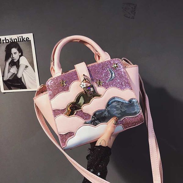 

2019 new fashion handbag pu leather women tote bag sweet lady sequins portable bag cloud shoulder messenger bags