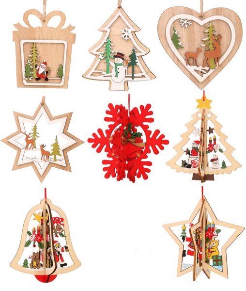 

christmas tree hanging ornaments decorations snowflake snowman bell pattern wooden hanging tags pendant ornaments for christmas decorations