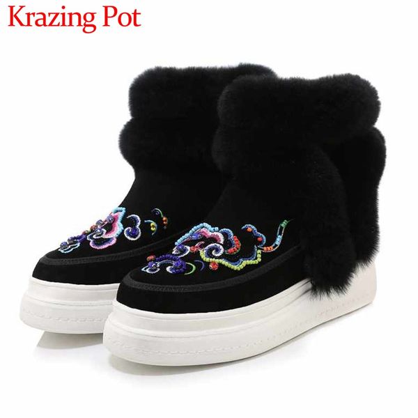 

krazing pot embroidered cow leather fur snow boots round toe thick bottom women winter keep warm fashion ankle boots l83, Black