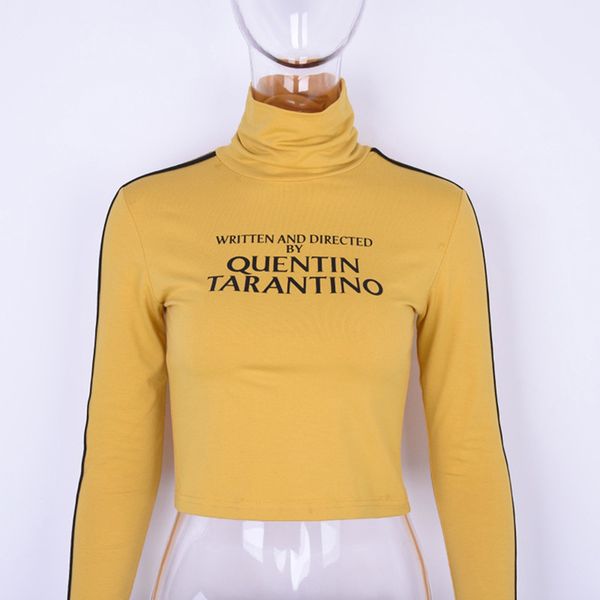 

new women turtleneck crop fashion letters printed short tees autumn long sleeve side strip t-shirt female, White