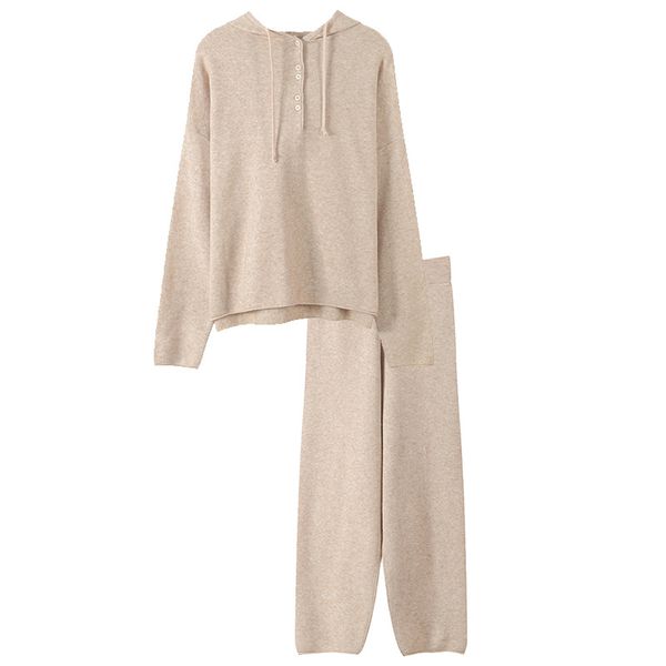 

2019 spring new fasion women clothes set solid color full sleeve hooded hoodies + high waist knitted harem pants ankle length, White