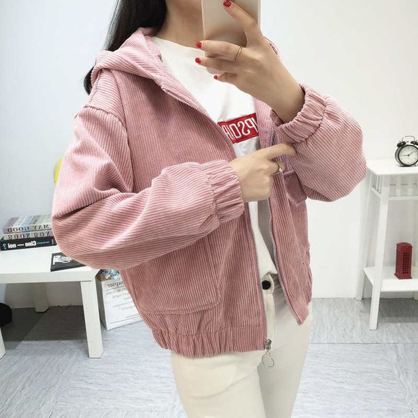 

2019 spring women hooded corduroy jacket basic long sleeve slim jacket women fashion loose short coat female outerwear, Black;brown