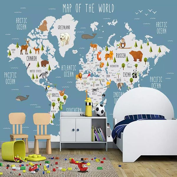 Benutzerdefinierte Fototapete 3D-Cartoon-Weltkarte Wandbilder Kinderzimmer Mädchen und Jungen Bettwäsche Zimmer Hintergrund Wandpapier 3D-Dekor