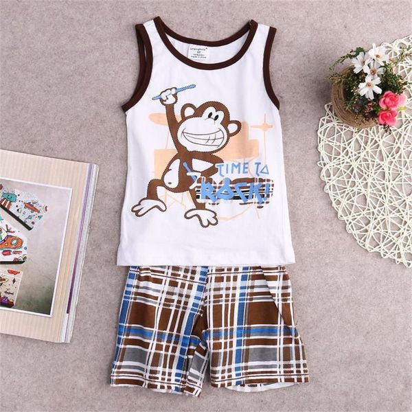 

2pcs summer toddler baby boys lovely casual sets sleeveless o-neck pullover cartoon print vest plaid shorts outfit 1-7y, White