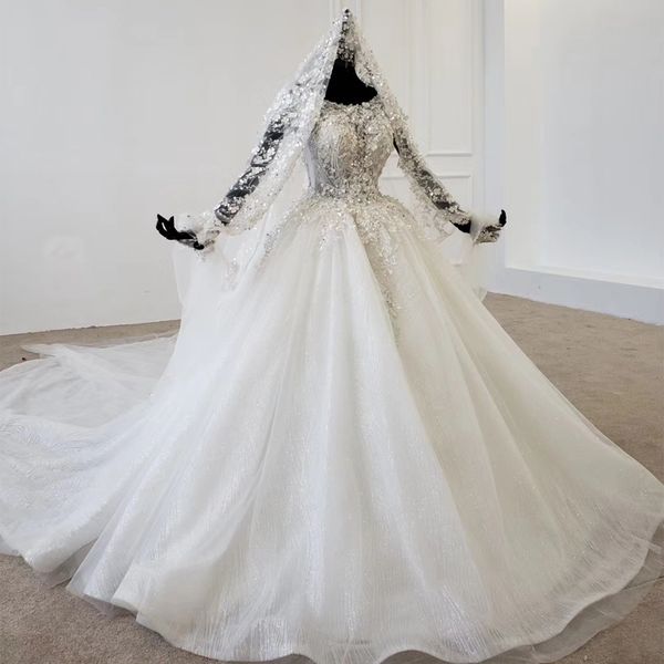 

2020 luxury vintage wedding dress with veil o-neck long tulle sleeves appliques sequined beading sparkly wedding dress new vestidos de noiva, White